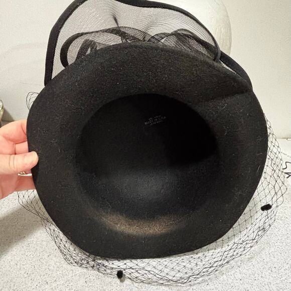 Dressy black felted wool hat large netting bowl & mesh fascinator made in USA main image 6